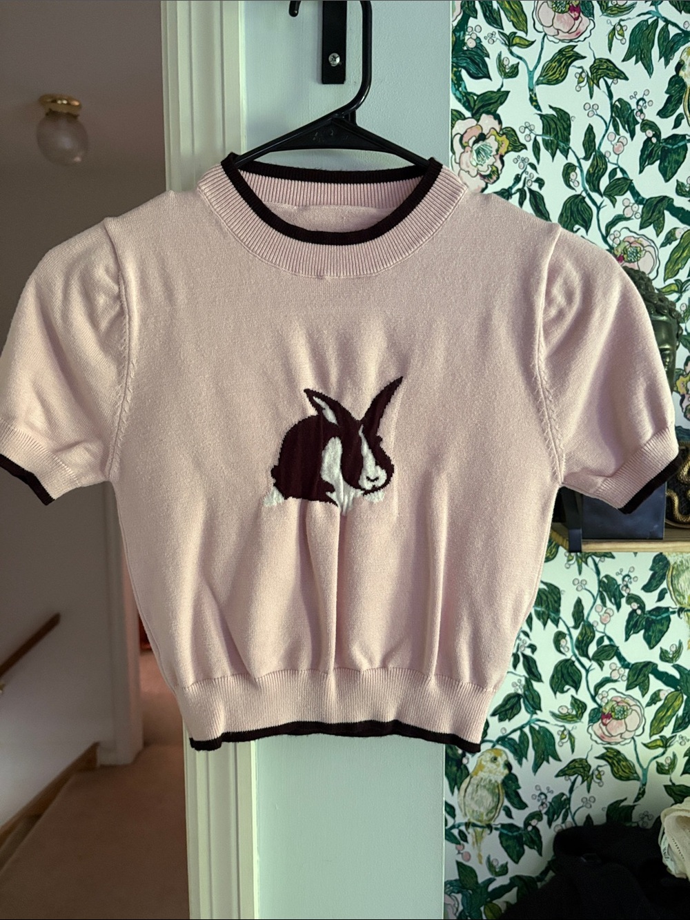 Pink Bunny Knit Top with Contrast Trim